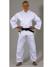 A single weave,  medium weight,  bleached white Judo uniform of exceptio